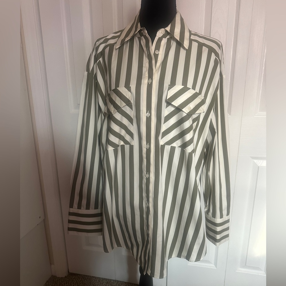 Nordstrom Olive and White Striped Shirt